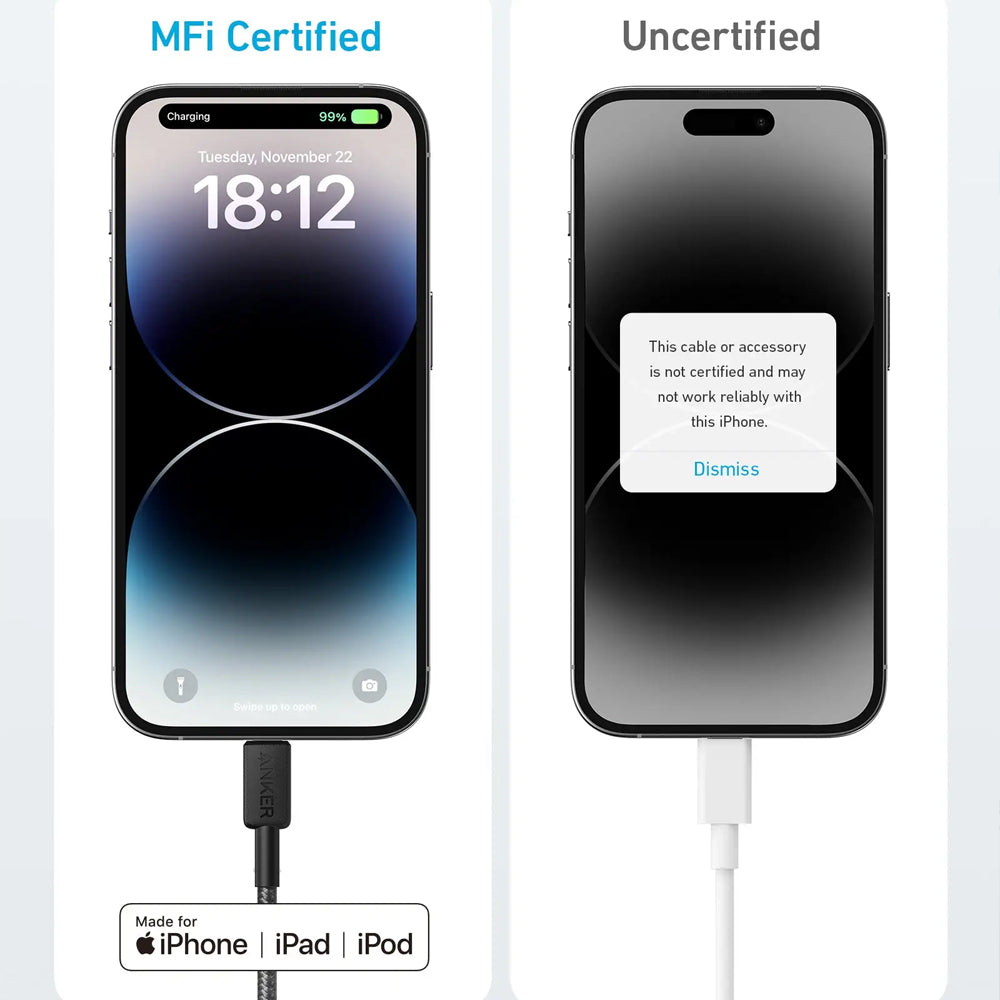 كابل أنكر USB-C الى Lightning بطول 0.9 متر شحن سريع 60 وات 322 A81B5H11 - اسود