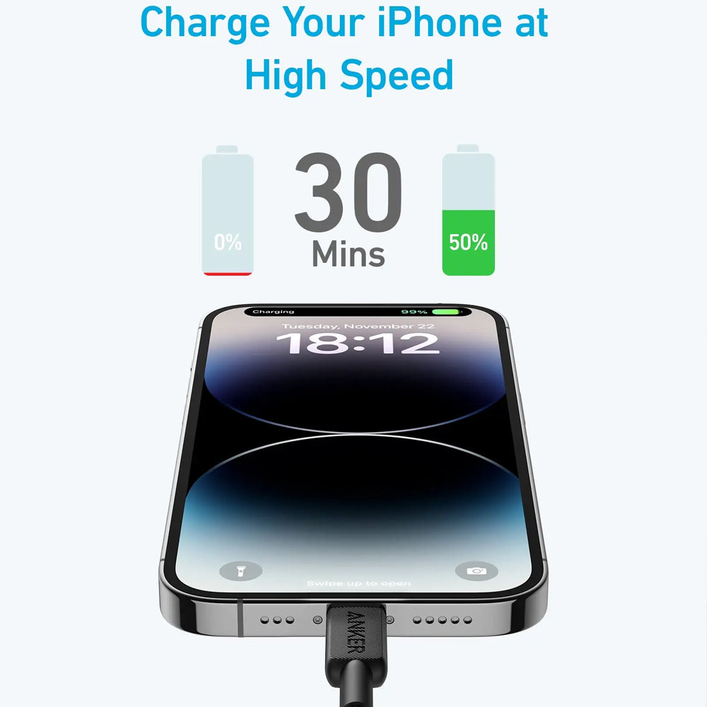 كابل أنكر USB-C الى Lightning بطول 0.9 متر شحن سريع 60 وات 322 A81B5H11 - اسود