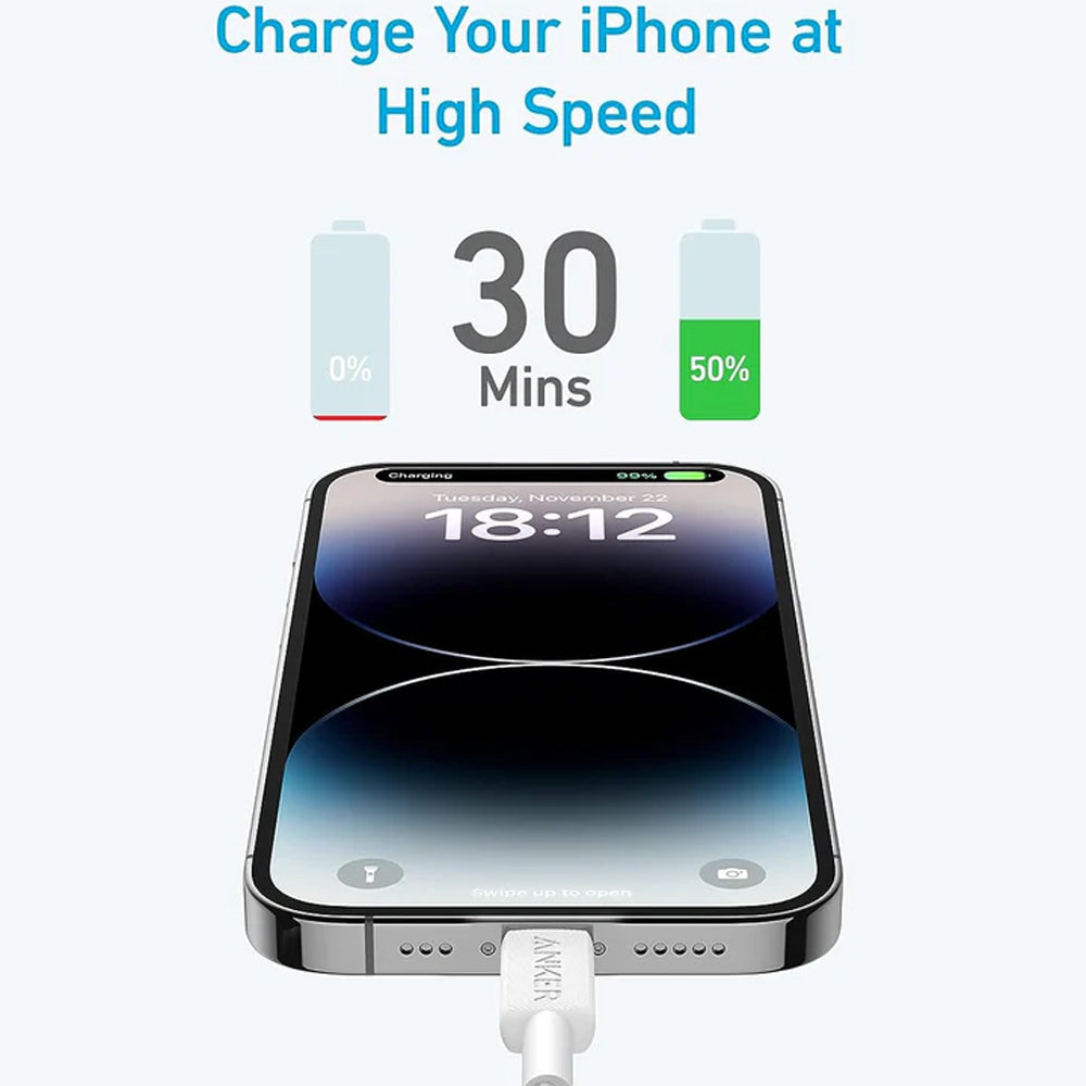 كابل أنكر USB-C الى Lightning بطول 0.9 متر شحن سريع 60 وات 322 A81B5H21 - ابيض