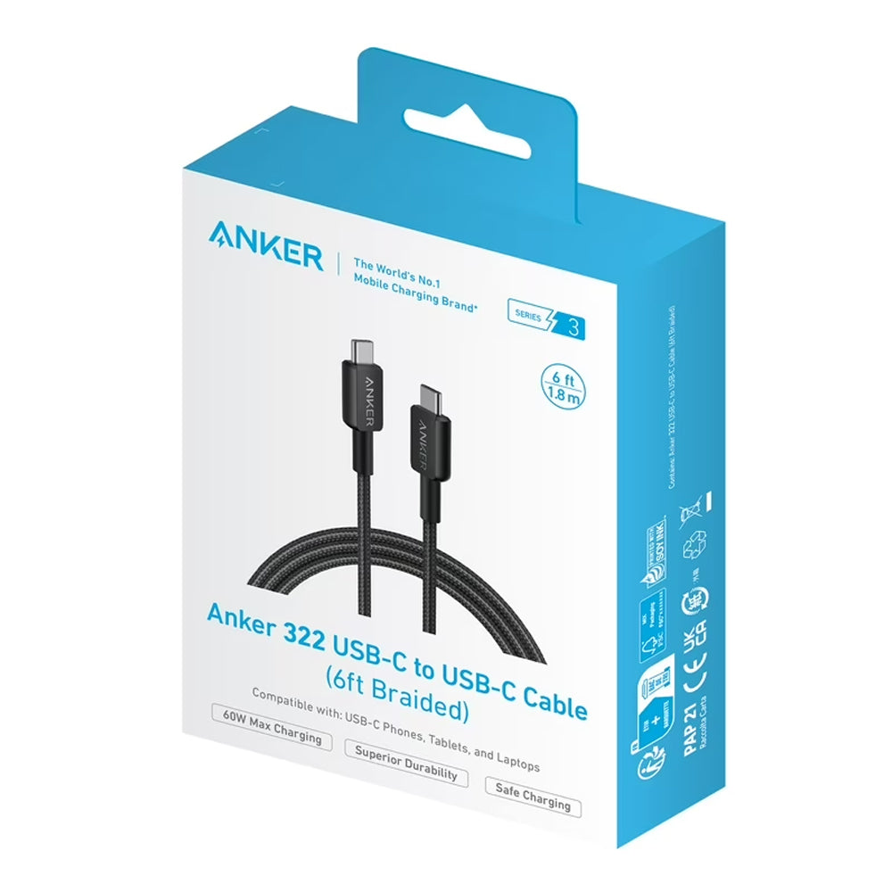 كابل أنكر USB-C الى USB-C بطول 1.8 متر شحن سريع 60 وات 322 A81F6H11 - اسود