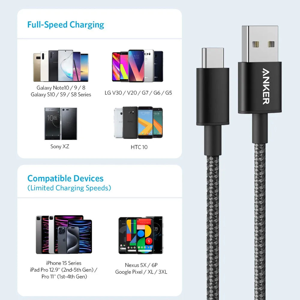 كابل أنكر USB الى USB-C بطول 1.8 متر شحن سريع 60 وات A8173H11 - اسود