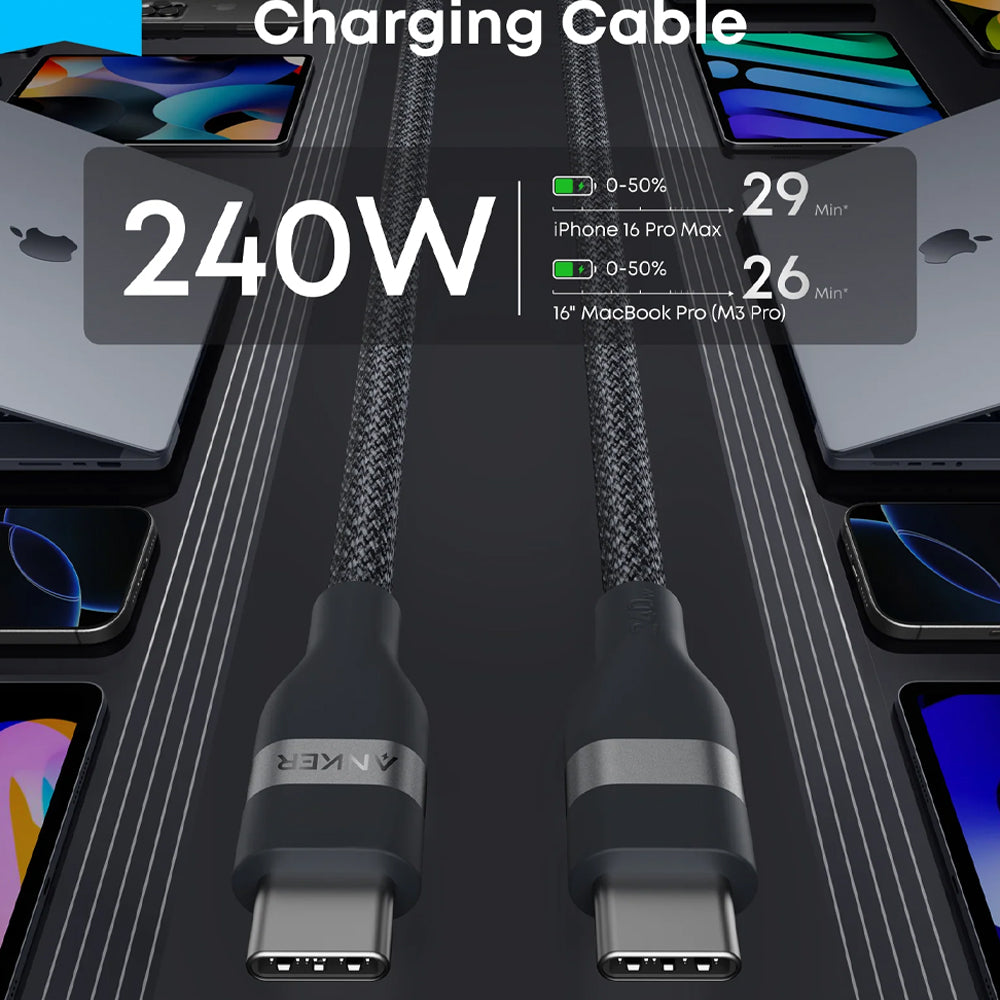 كابل أنكر USB-C الى USB-C بطول 1.8 متر شحن سريع 240 وات A82E2H12 - اسود