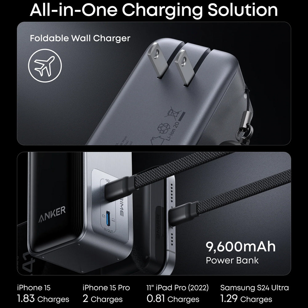 Anker Prime Power Bank Fast Charging 65W 9600mAh With Foldable Plug - Black