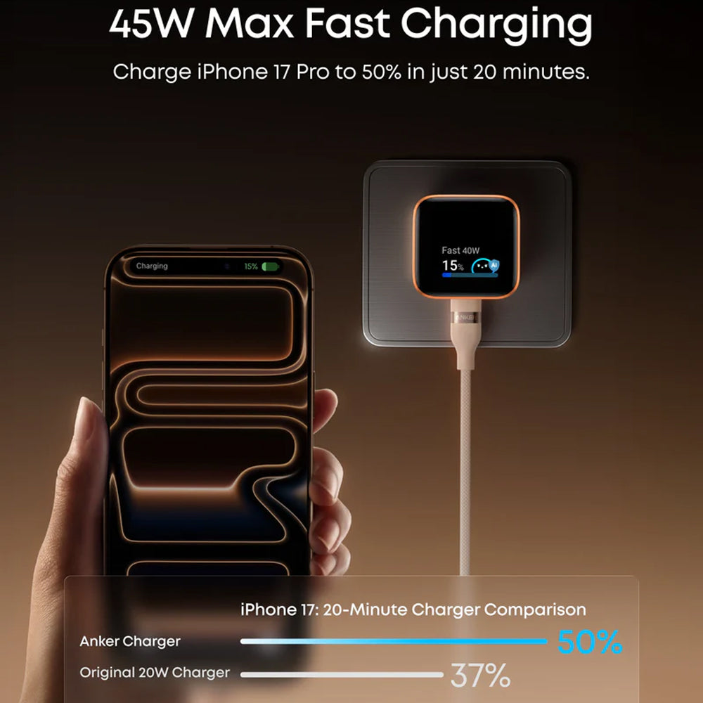 Anker Nano Wall Charger USB-C Fast Charging 45W Smart Display 180° Foldable - White