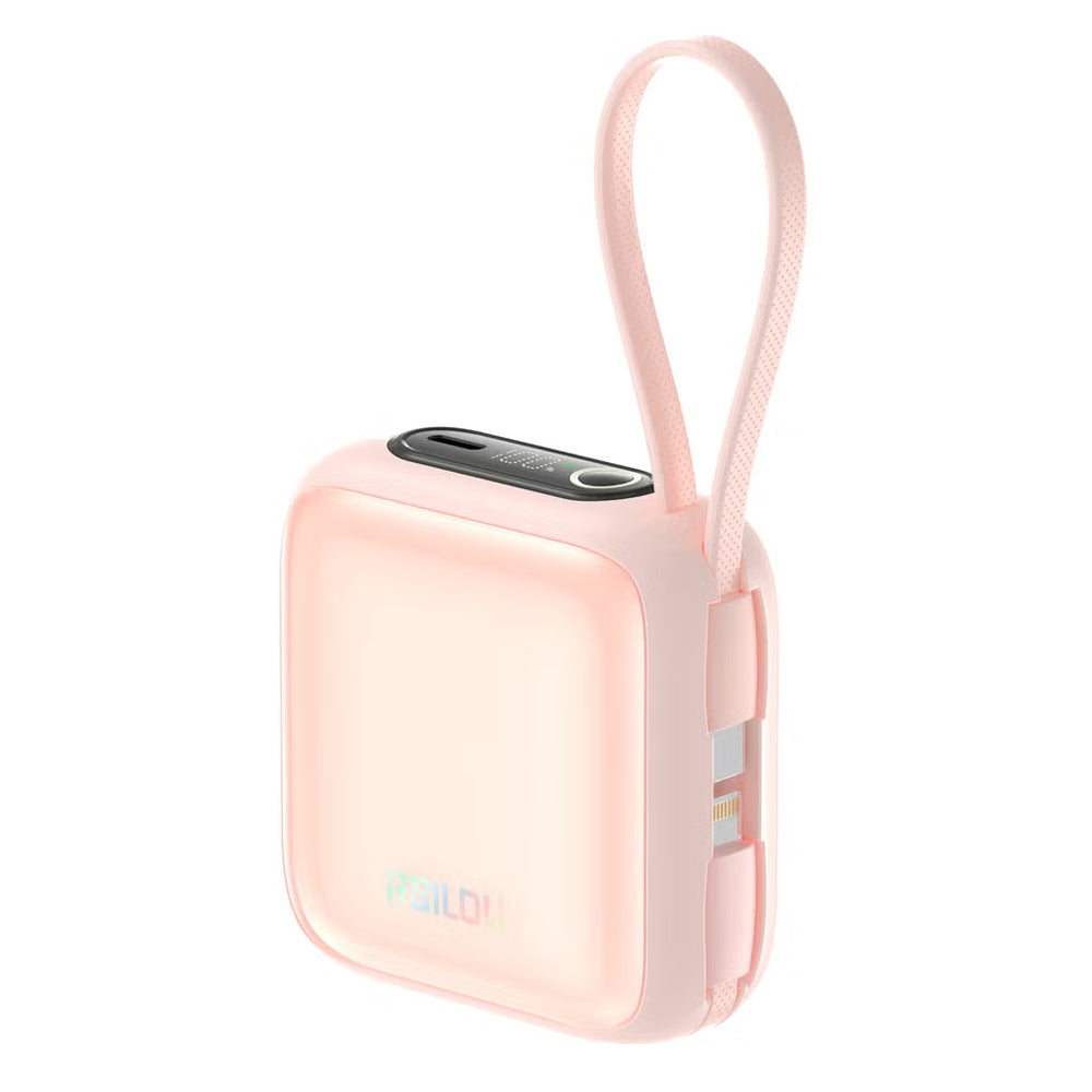 باور بانك رسيلو USB-C شحن سريع 22.5 وات 3 امبير 10000 مللي أمبير مع كابل مزدوج R1021-002 - بينك