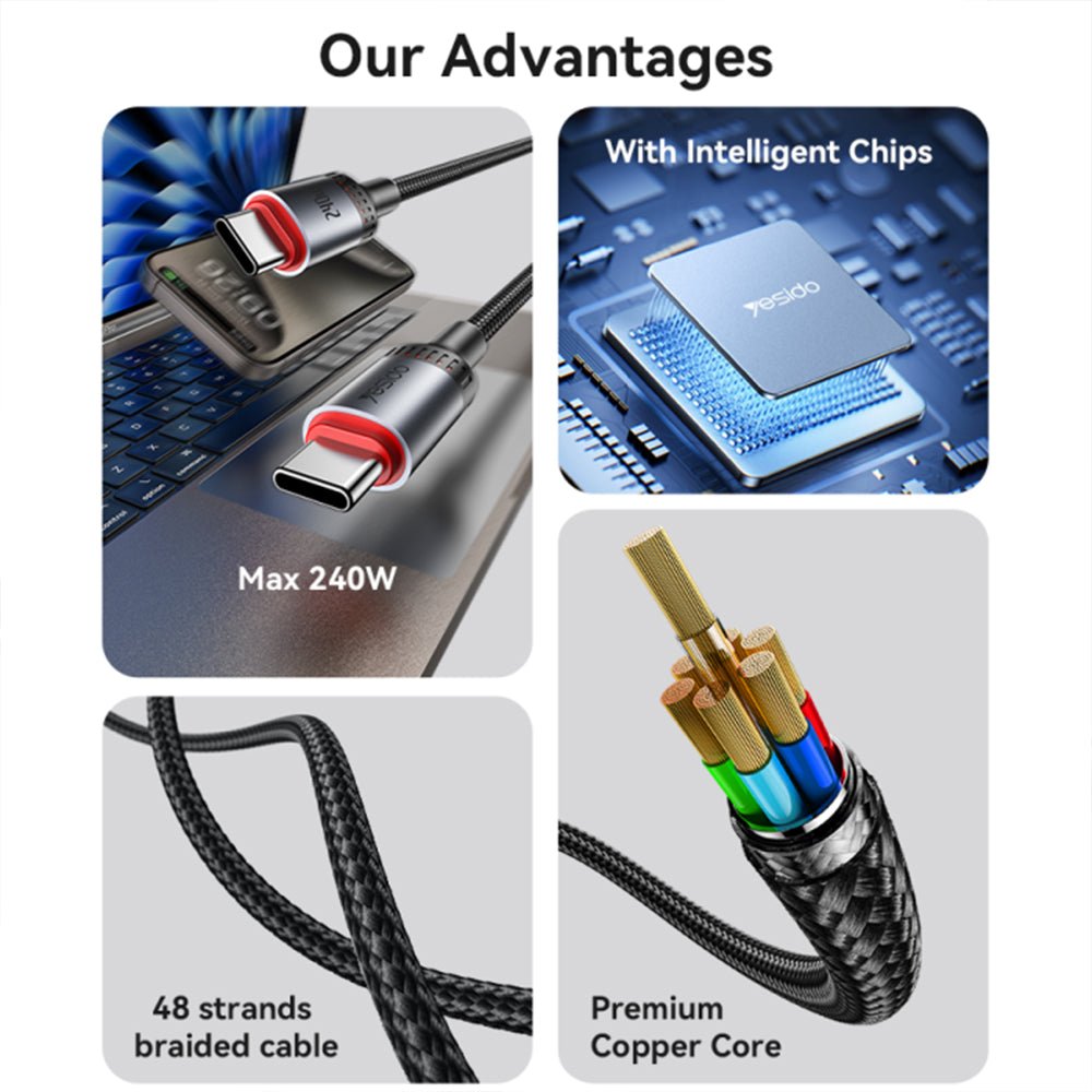 كابل يسيدو USB-C إلى USB-C شحن سريع 240 واط 2 متر CA186 - أسود
