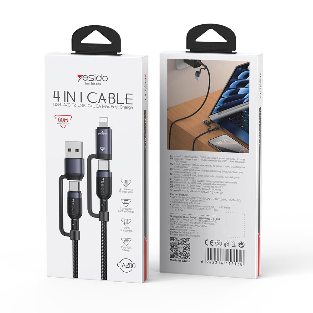 Yesido CA200 4-in-1 Cable 60W Fast Charging 1.2m - Black
