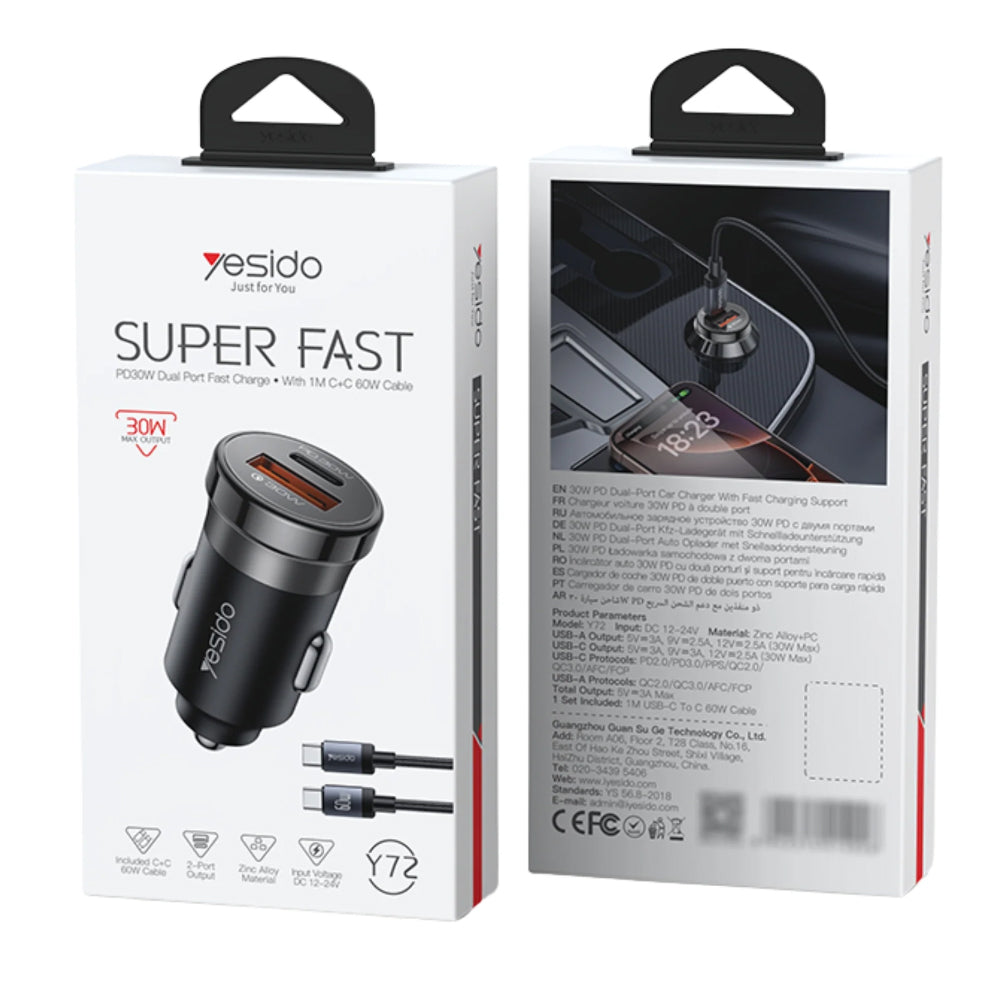 Yesido Y72 Car Charger USB-C, USB-A, USB-C To USB-C Cable Fast Charging 30W - Black