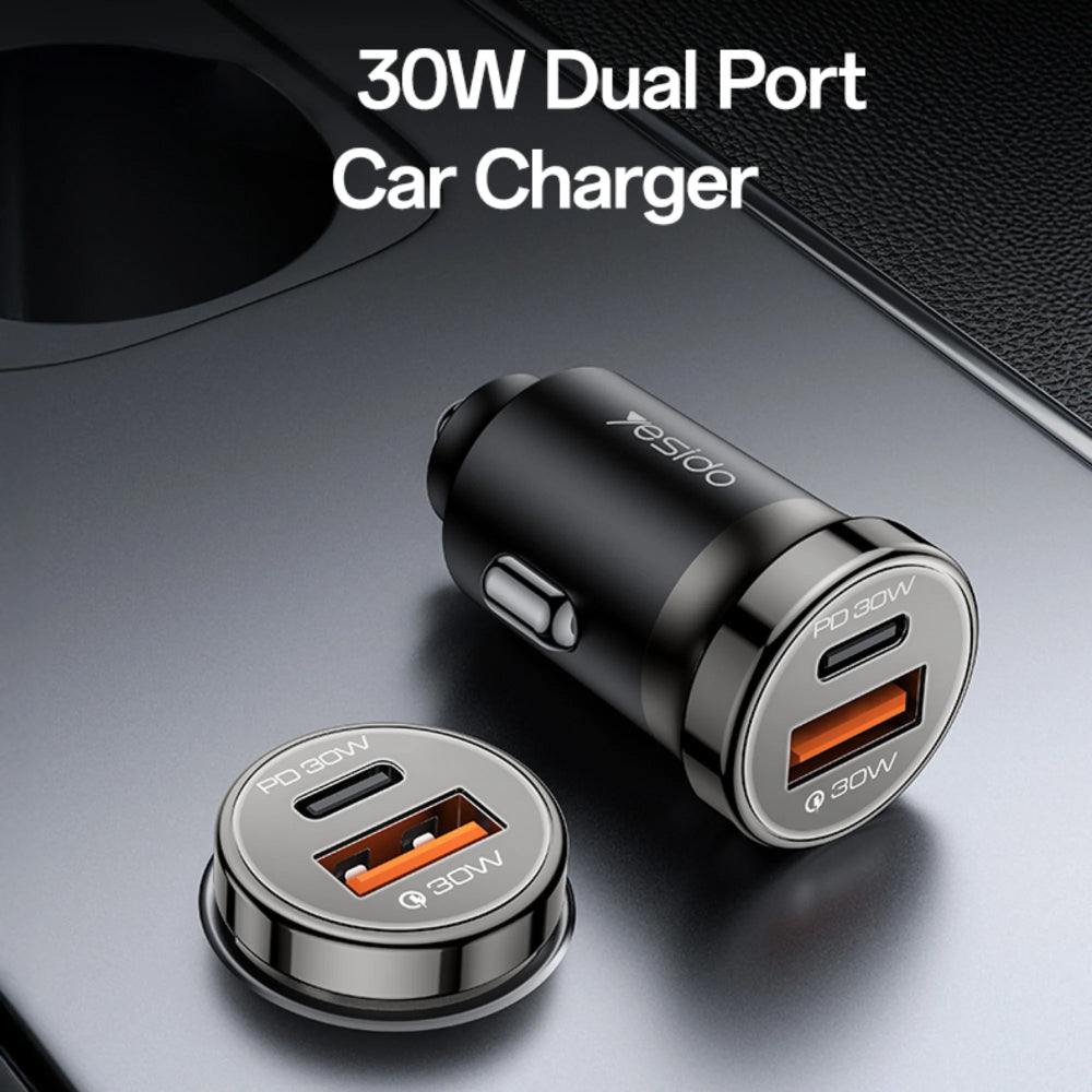 Yesido Y72 Car Charger USB-C, USB-A, USB-C To USB-C Cable Fast Charging 30W - Black