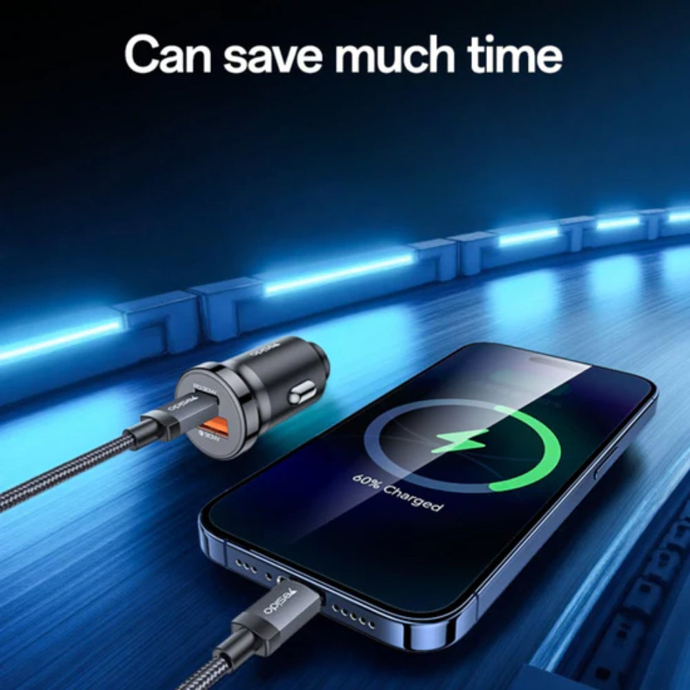 Yesido Y72 Car Charger USB-C, USB-A, USB-C To USB-C Cable Fast Charging 30W - Black