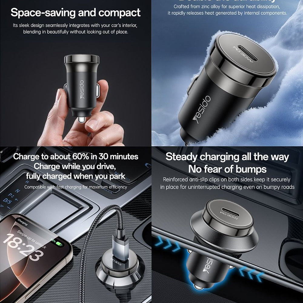 شاحن سيارة للموبايل يسيدو بمنفذ USB-C للشحن السريع بقوة 30 واط Y74 - أسود