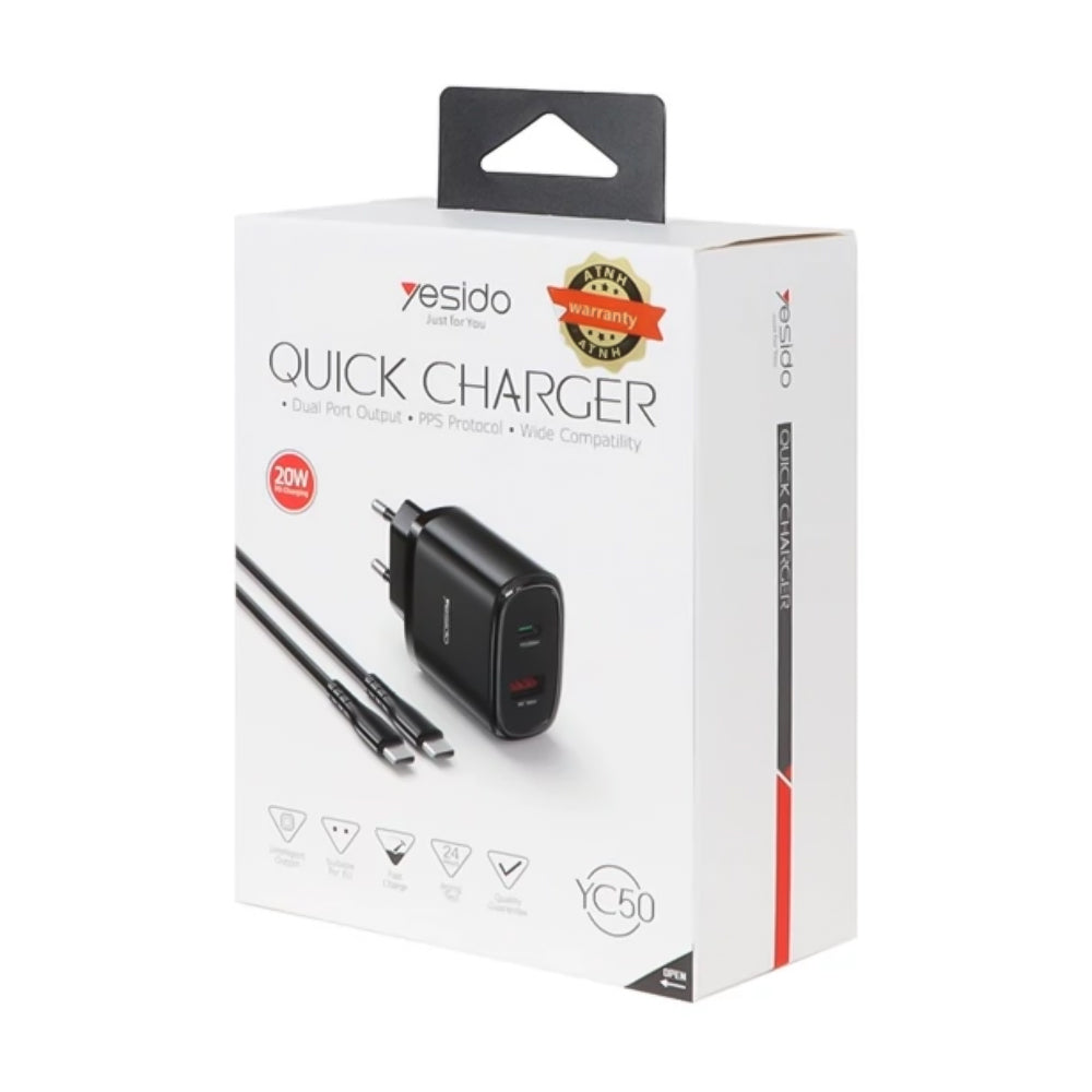 Yesido YC50 Wall Charger QC USB-A, PD USB-C, USB-C Cable Fast Charging 20W - Black