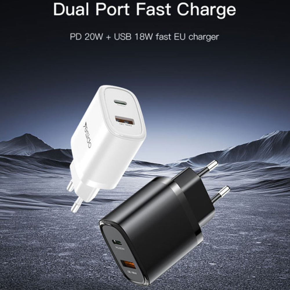 Yesido YC50 Wall Charger QC USB-A, PD USB-C, USB-C Cable Fast Charging 20W - Black