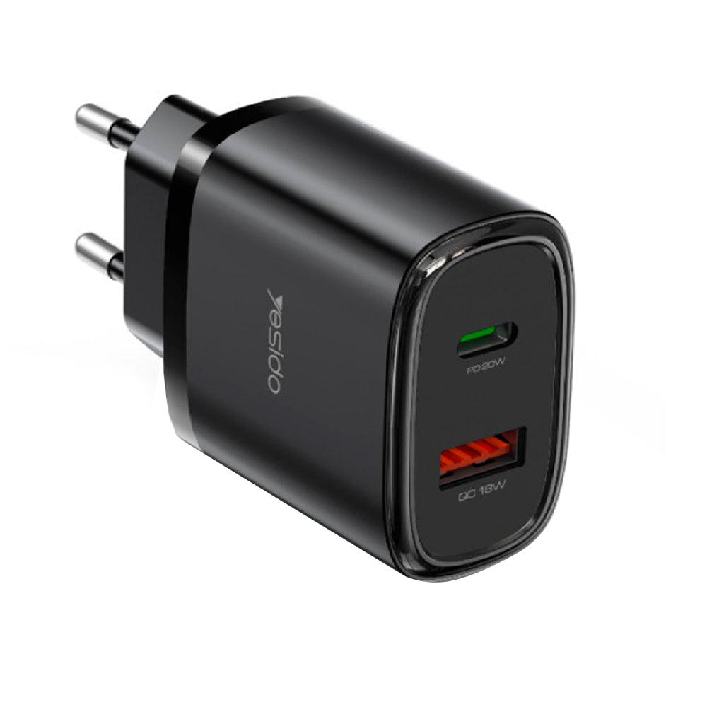 Yesido YC50 Wall Charger QC USB-A, PD USB-C, USB-C Cable Fast Charging 20W - Black