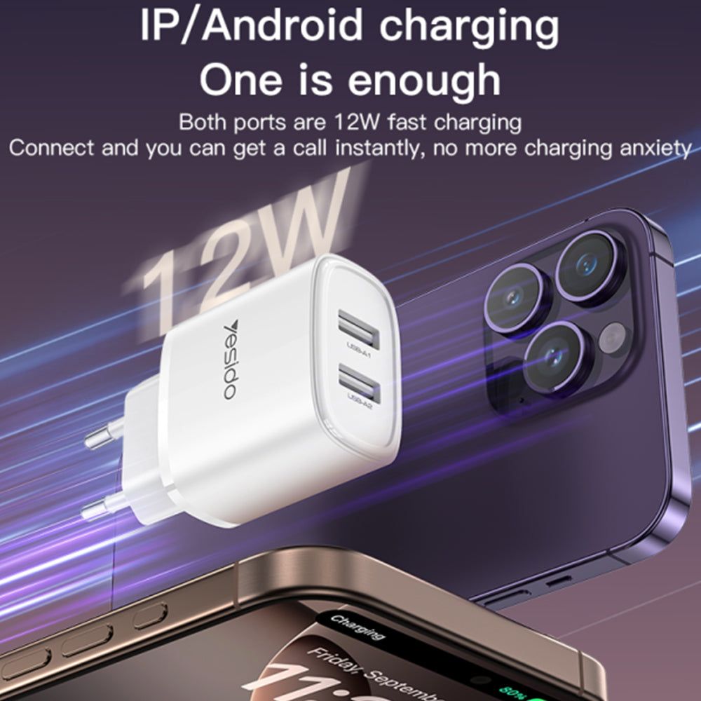شاحن حائط يسيدو منفذين USB-A بقوة 12 واط YC72 - أبيض