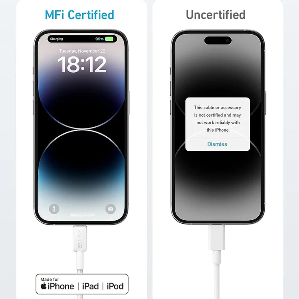 كابل أنكر USB-C الى Lightning بطول 0.9 متر شحن سريع 60 وات 322 A81B5H21 - ابيض