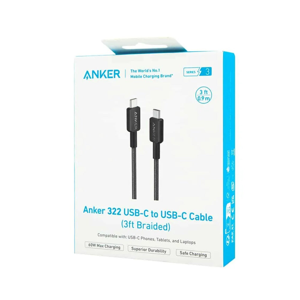 كابل أنكر USB-C الى USB-C بطول 0.9 متر شحن سريع 60 وات 322 A81F5H11 - اسود