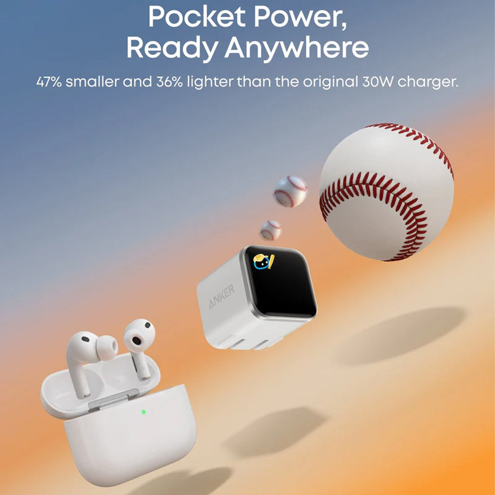 Anker Nano Wall Charger USB-C Fast Charging 45W Smart Display 180° Foldable - White