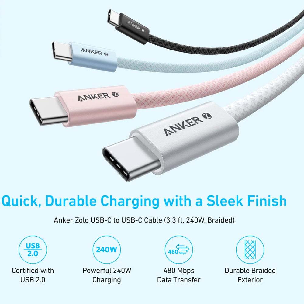 كابل أنكر USB-C الى USB-C بطول 1.8 متر شحن سريع 240 وات Zolo A8060H22 - ابيض