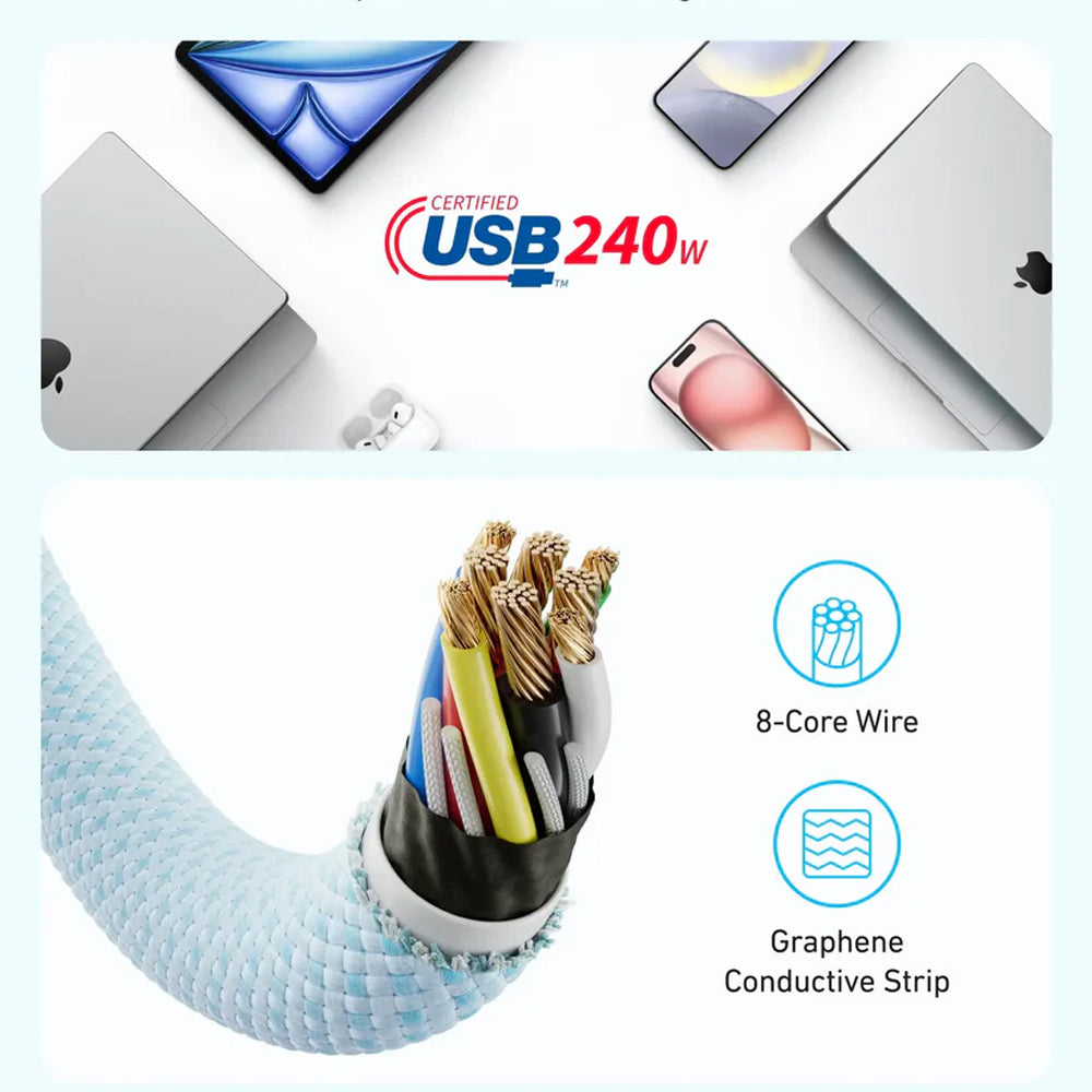 كابل أنكر USB-C الى USB-C بطول 1.8 متر شحن سريع 240 وات Zolo A8060H22 - ابيض