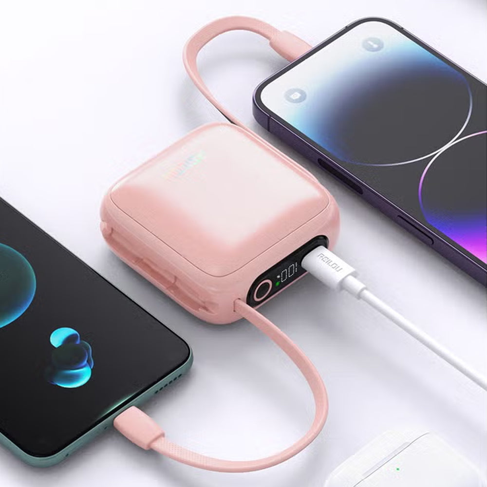 باور بانك رسيلو USB-C شحن سريع 22.5 وات 3 امبير 10000 مللي أمبير مع كابل مزدوج R1021-002 - بينك