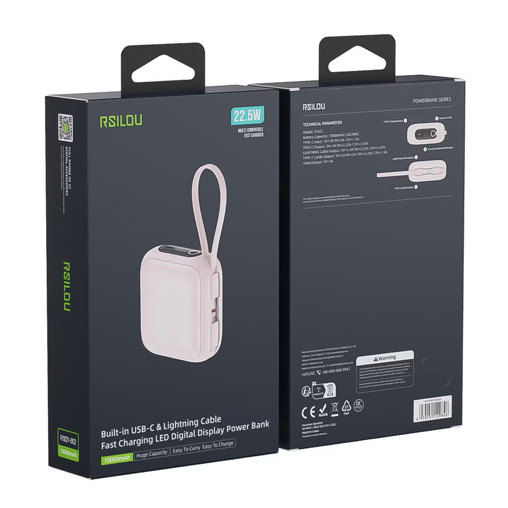 باور بانك رسيلو USB-C شحن سريع 22.5 وات 3 امبير 10000 مللي أمبير مع كابل مزدوج R1021-002 - بينك