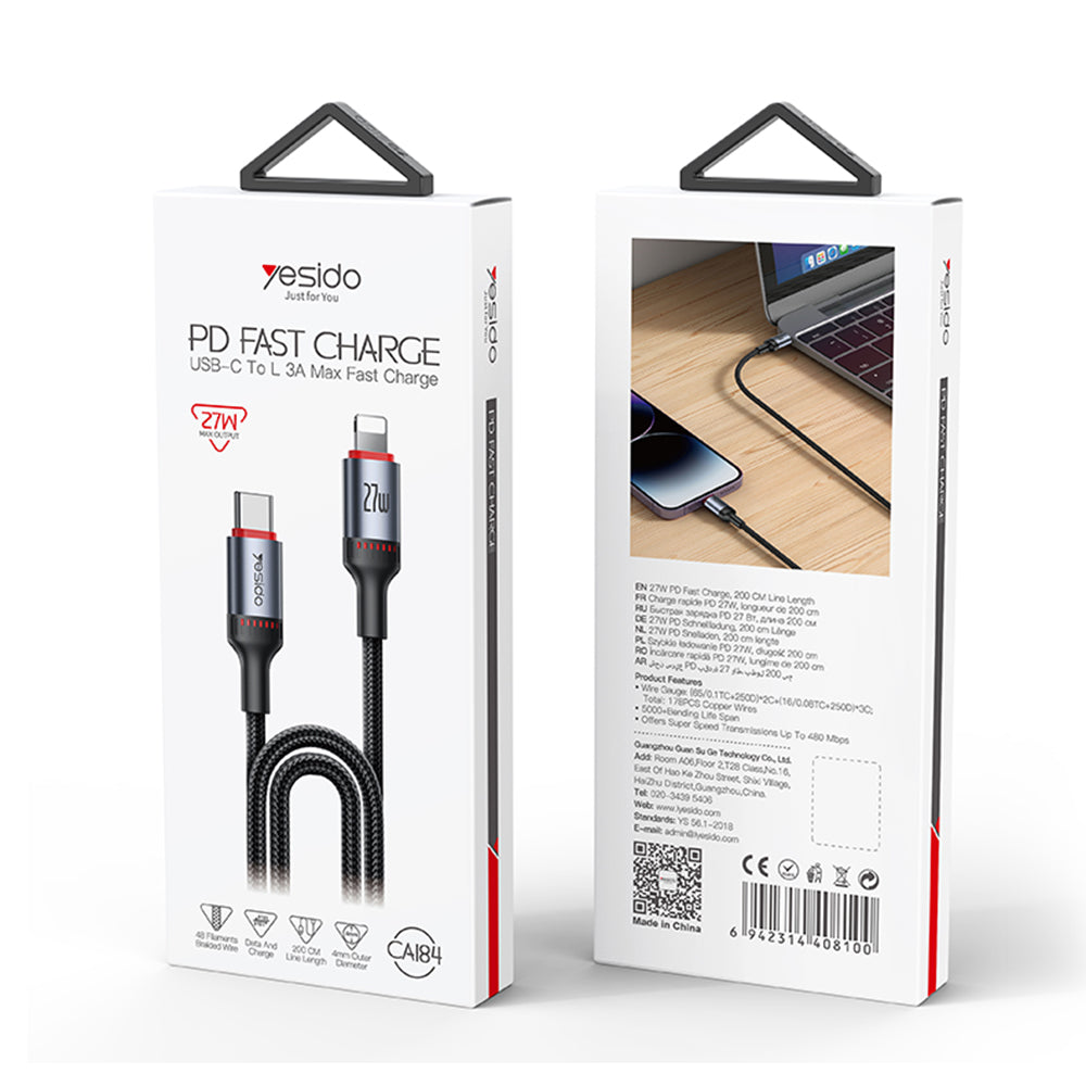 Yesido CA184 USB-C To Lightning Cable Fast Charging 27W 2m - Black