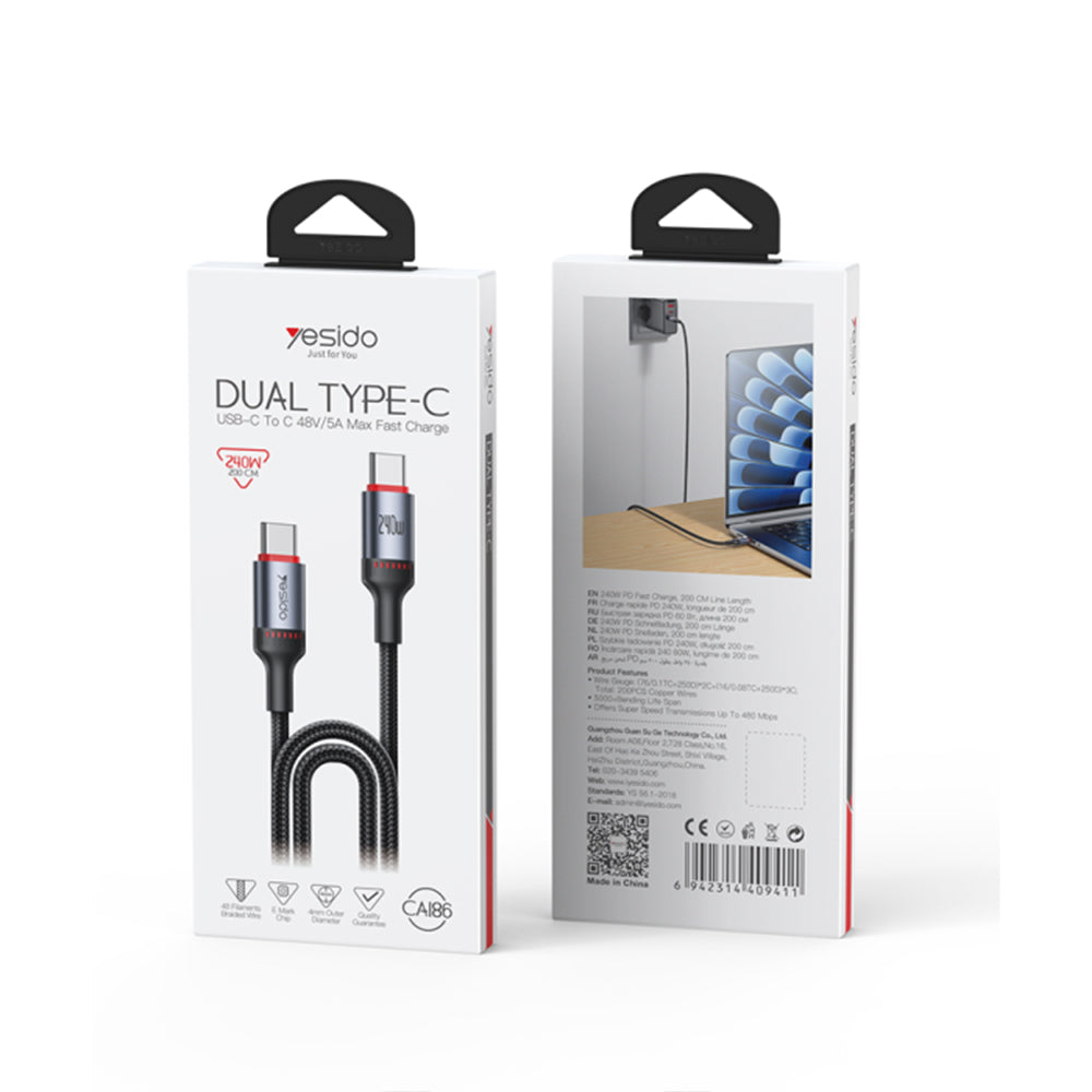 كابل يسيدو USB-C إلى USB-C شحن سريع 240 واط 2 متر CA186 - أسود
