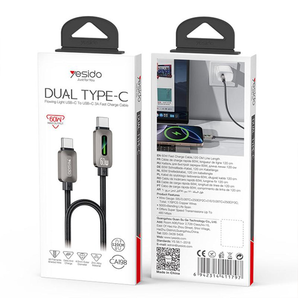 كابل يسيدو USB-C إلى USB-C شحن سريع 60 واط 1.2 متر CA198 - أسود