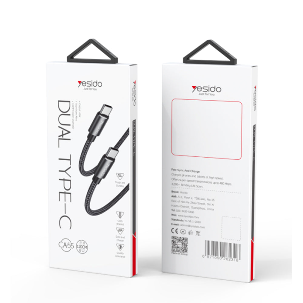 كابل يسيدو USB-C إلى USB-C شحن السريع 3 أمبير 45 واط، طول 1.2 متر CA55 - أسود
