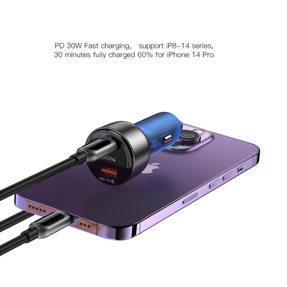 شاحن سيارة للموبايل يسيدو بمنفذ USB-C ومنفذ USB-A، شحن سريع 48 وات Y52 - أزرق
