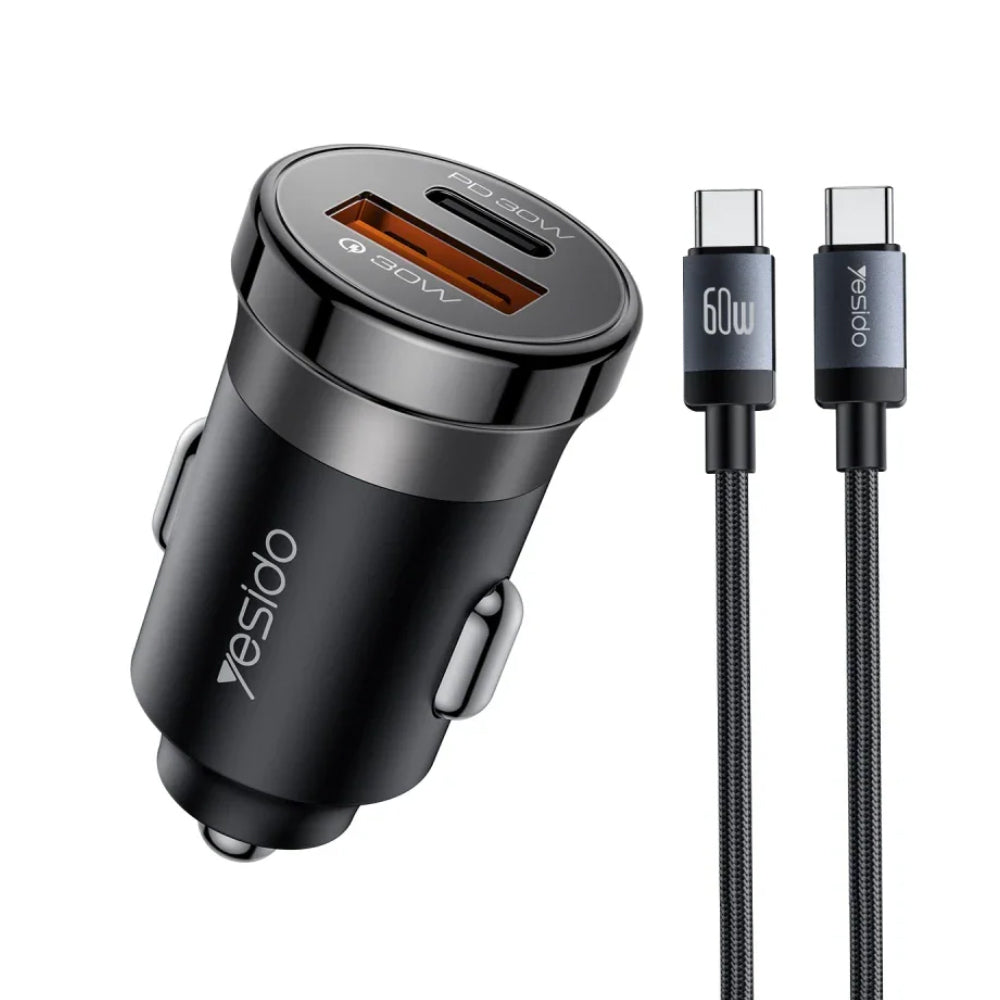 Yesido Y72 Car Charger USB-C, USB-A, USB-C To USB-C Cable Fast Charging 30W - Black