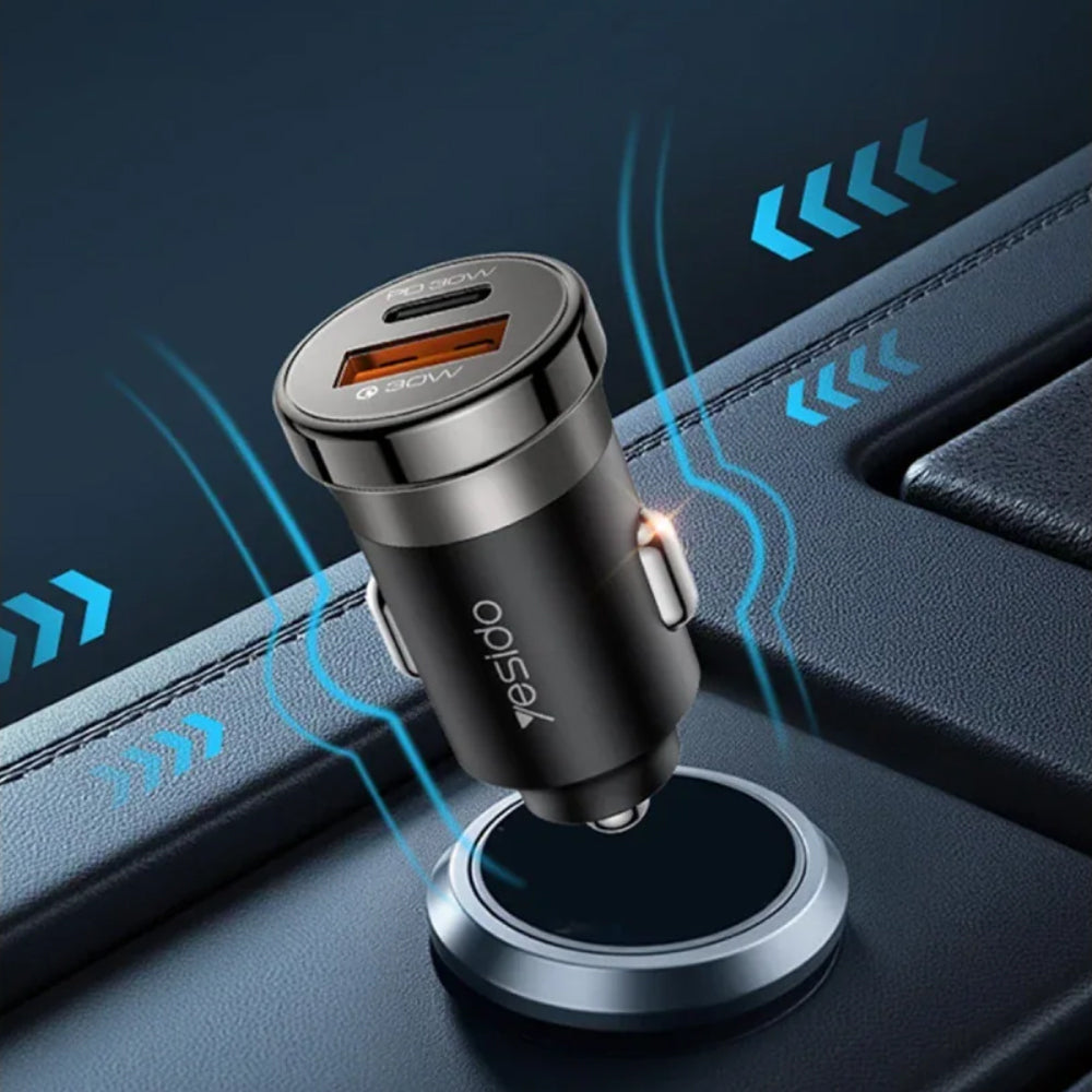 Yesido Y72 Car Charger USB-C, USB-A, USB-C To USB-C Cable Fast Charging 30W - Black
