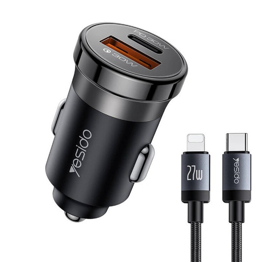 Yesido Y73 Car Charger USB-C, USB-A, USB-C To Lightning Cable Fast Charging 30W - Black