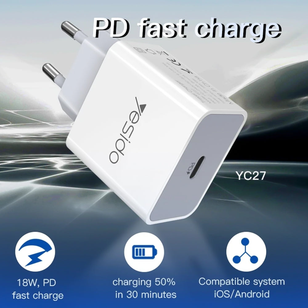 Yesido YC27EU Wall Charger USB-C Fast Charging 18W - White