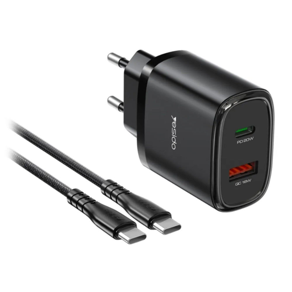 Yesido YC50 Wall Charger QC USB-A, PD USB-C, USB-C Cable Fast Charging 20W - Black