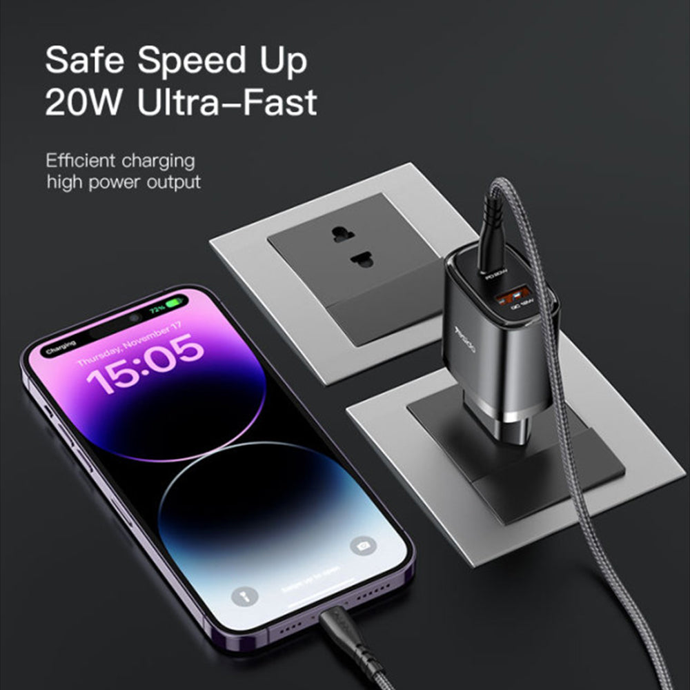 Yesido YC50 Wall Charger QC USB-A, PD USB-C, USB-C Cable Fast Charging 20W - Black